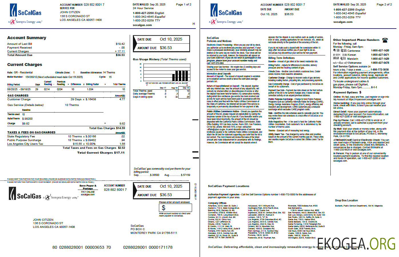 USA So Cal Gas utility bill template in Word and PDF formats, 2 pages, version 2